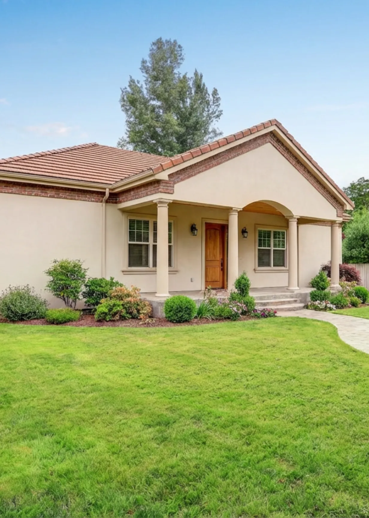 Rear view of a completed, craftsman-style Accessory Dwelling Unit (ADU) in Los Angeles by ADU Especialista LA, featuring yellow siding, a spacious patio with furniture, and decorative wrought-iron pillars.