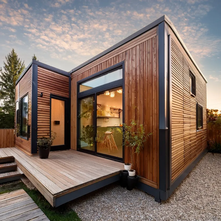 Modern custom ADU Los Angeles with wood exterior and large glass doors contemporary design